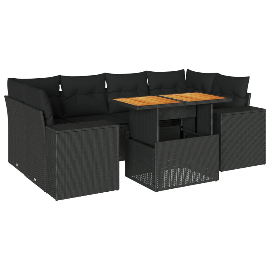 7-delige Loungeset met kussens poly rattan zwart
