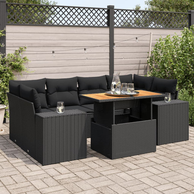 7-delige Loungeset met kussens poly rattan zwart