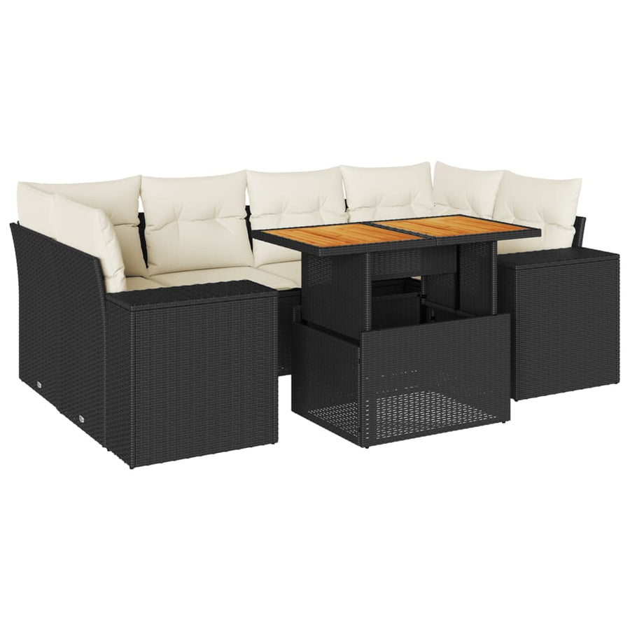 7-delige Loungeset met kussens poly rattan zwart