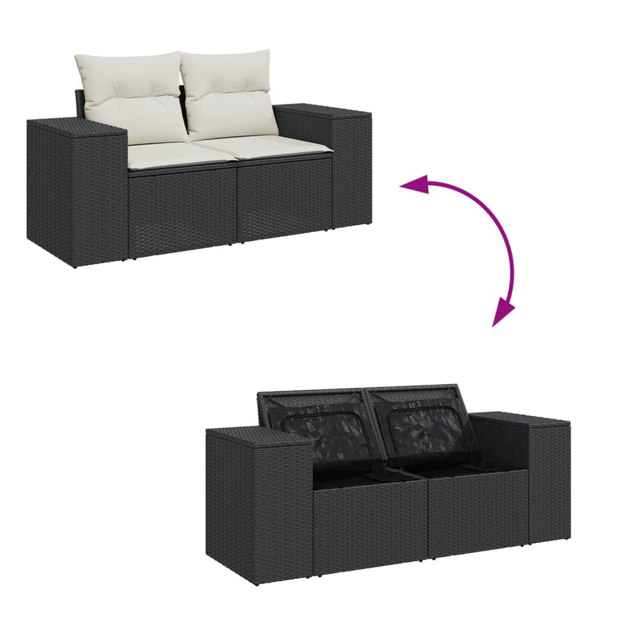 7-delige Loungeset met kussens poly rattan zwart