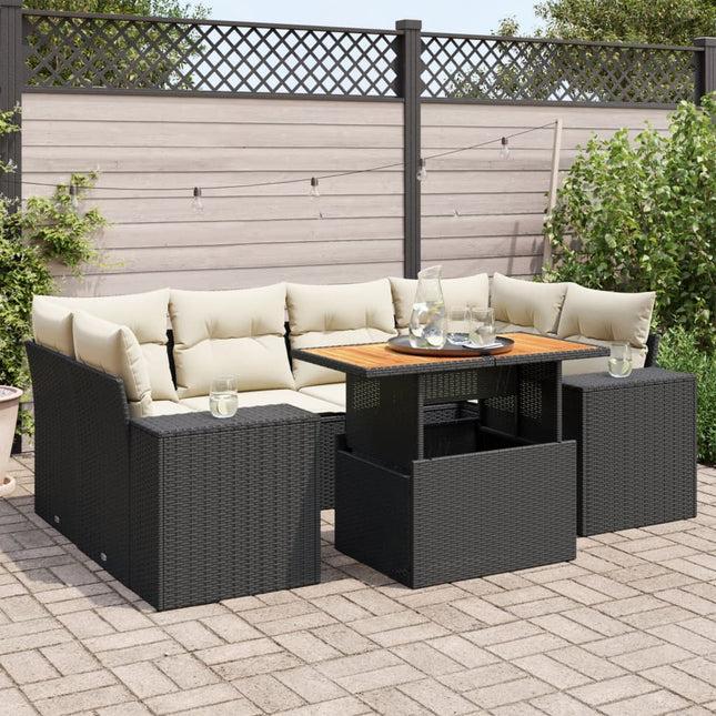 7-delige Loungeset met kussens poly rattan zwart