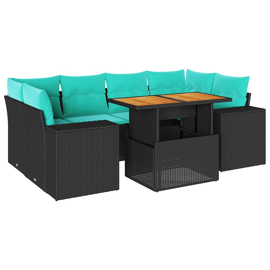 7-delige Loungeset met kussens poly rattan zwart