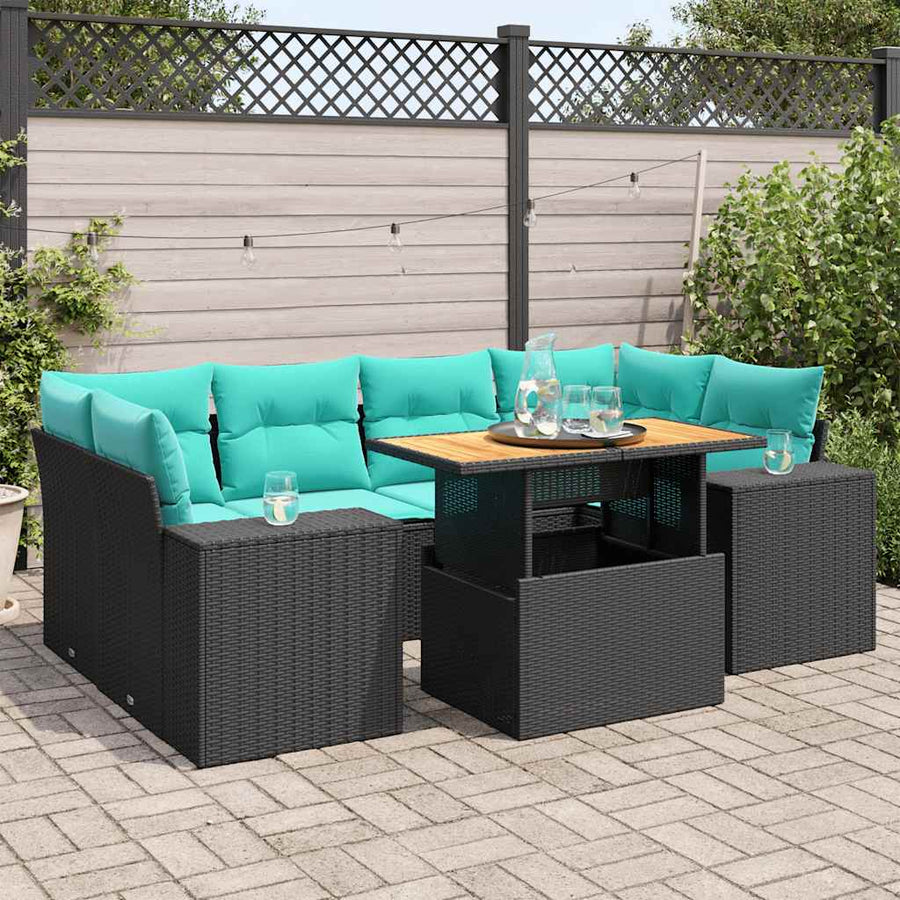 7-delige Loungeset met kussens poly rattan zwart