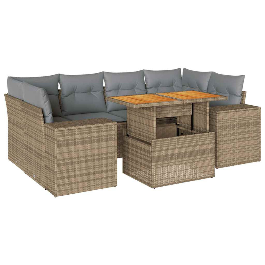7-delige Loungeset met kussens poly rattan beige