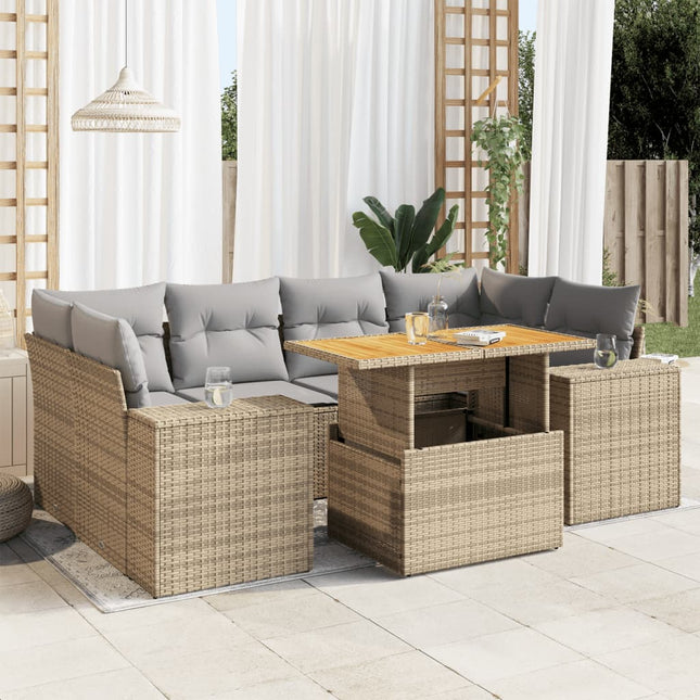 7-delige Loungeset met kussens poly rattan beige