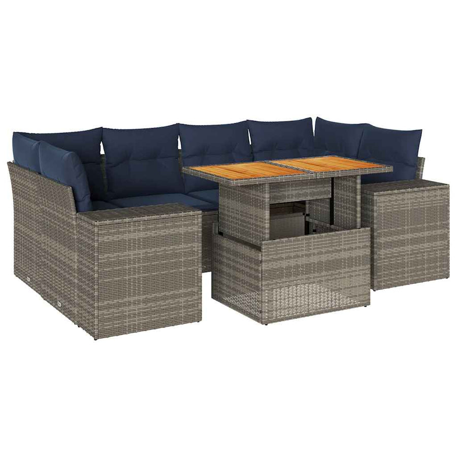 7-delige Loungeset met kussens poly rattan grijs