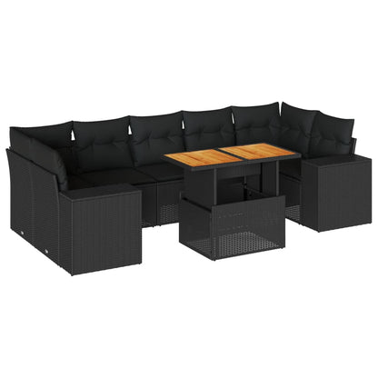 8-delige Loungeset met kussens poly rattan zwart