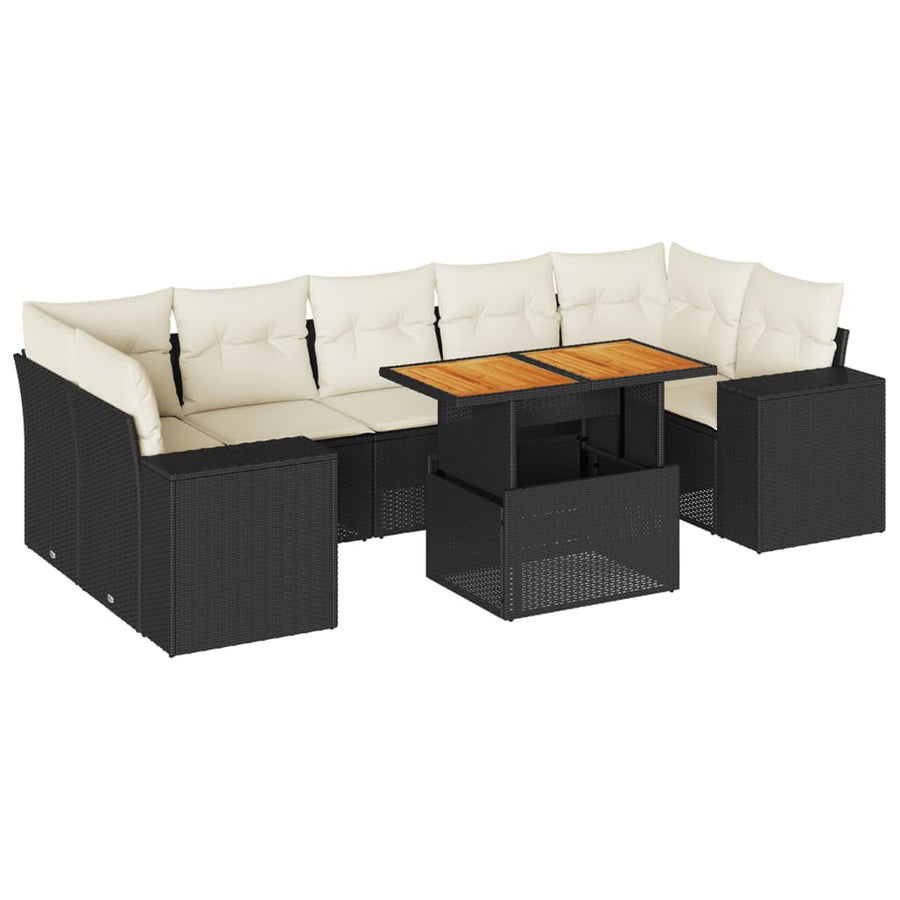 8-delige Loungeset met kussens poly rattan zwart