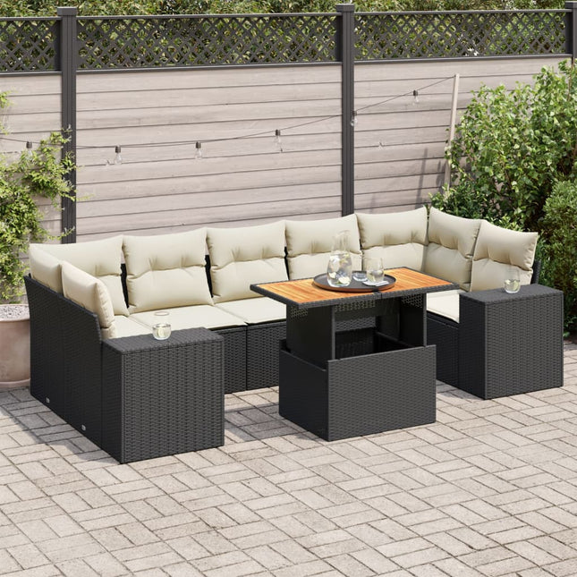 8-delige Loungeset met kussens poly rattan zwart