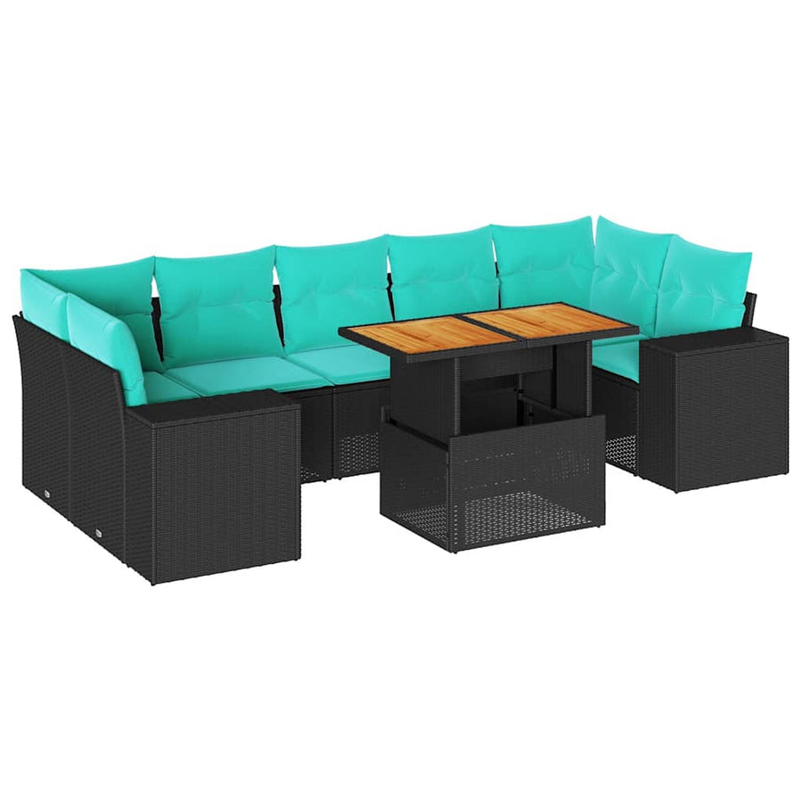 8-delige Loungeset met kussens poly rattan zwart