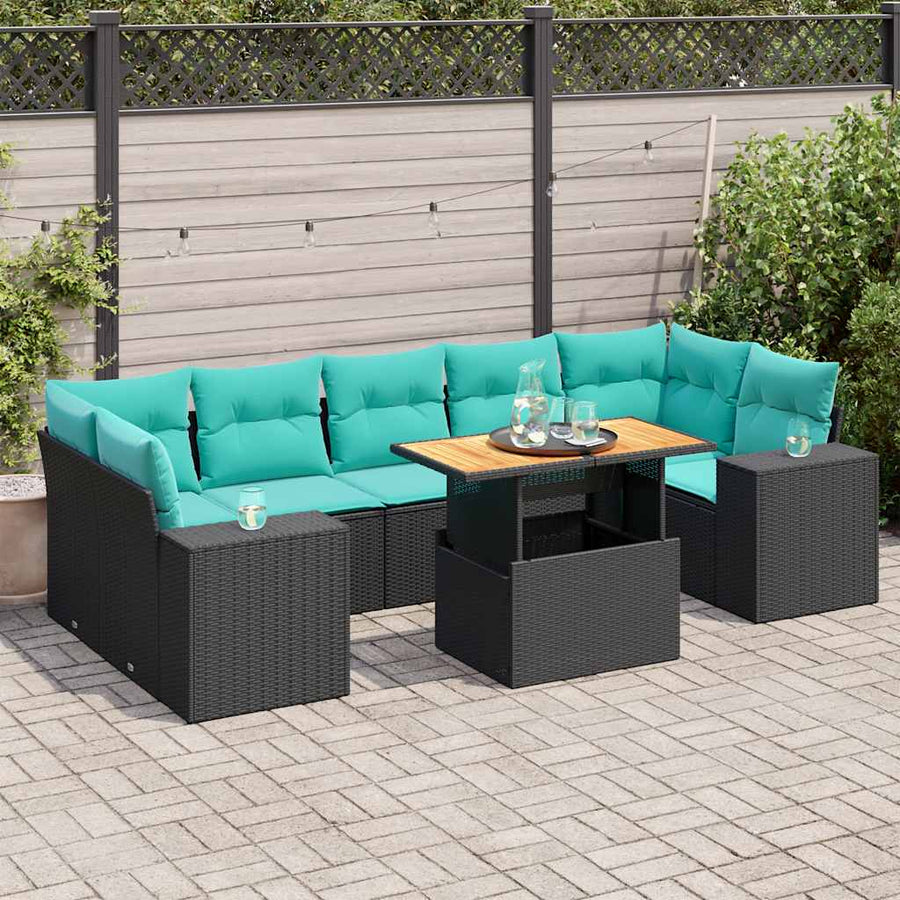 8-delige Loungeset met kussens poly rattan zwart
