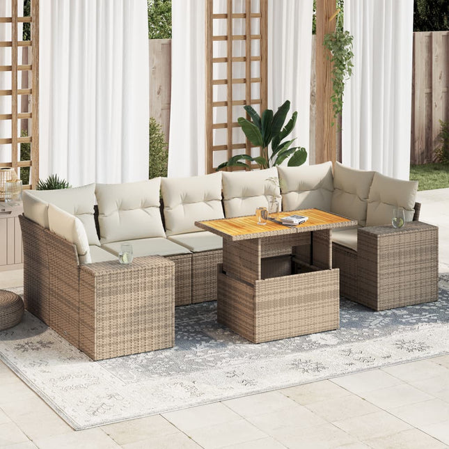 8-delige Loungeset met kussens poly rattan beige