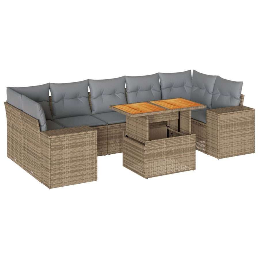 8-delige Loungeset met kussens poly rattan beige