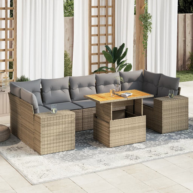 8-delige Loungeset met kussens poly rattan beige