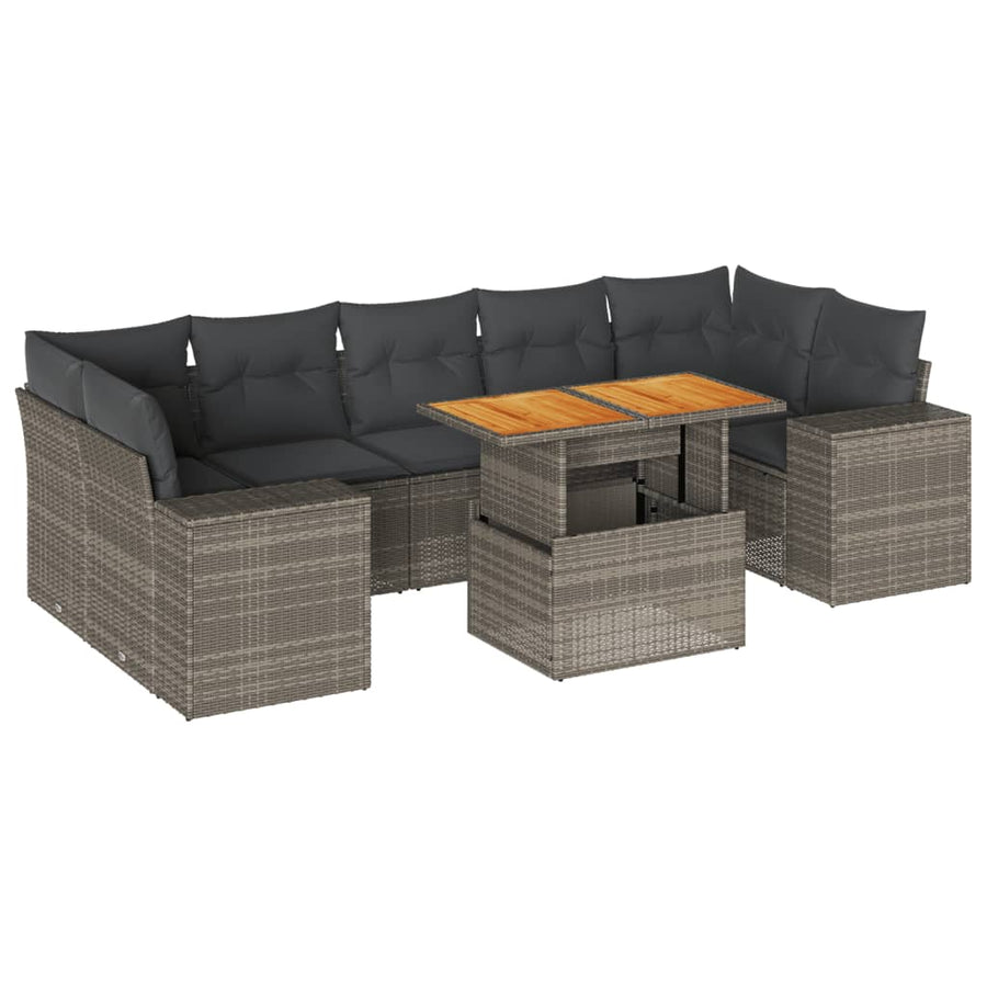 8-delige Loungeset met kussens poly rattan grijs