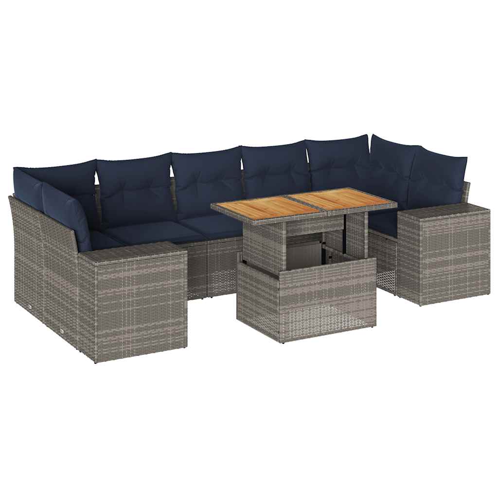 8-delige Loungeset met kussens poly rattan grijs