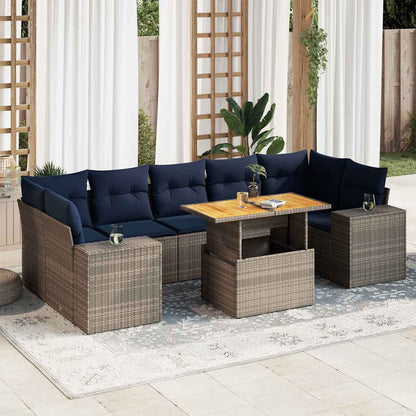 8-delige Loungeset met kussens poly rattan grijs