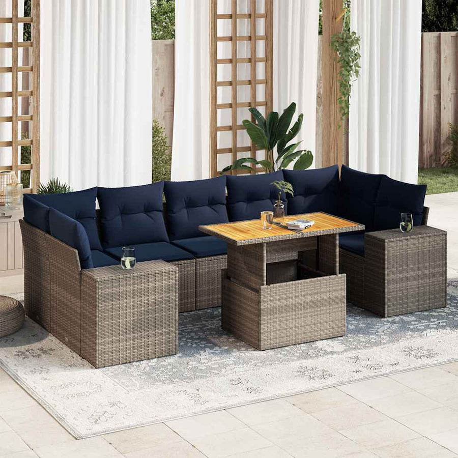 8-delige Loungeset met kussens poly rattan grijs