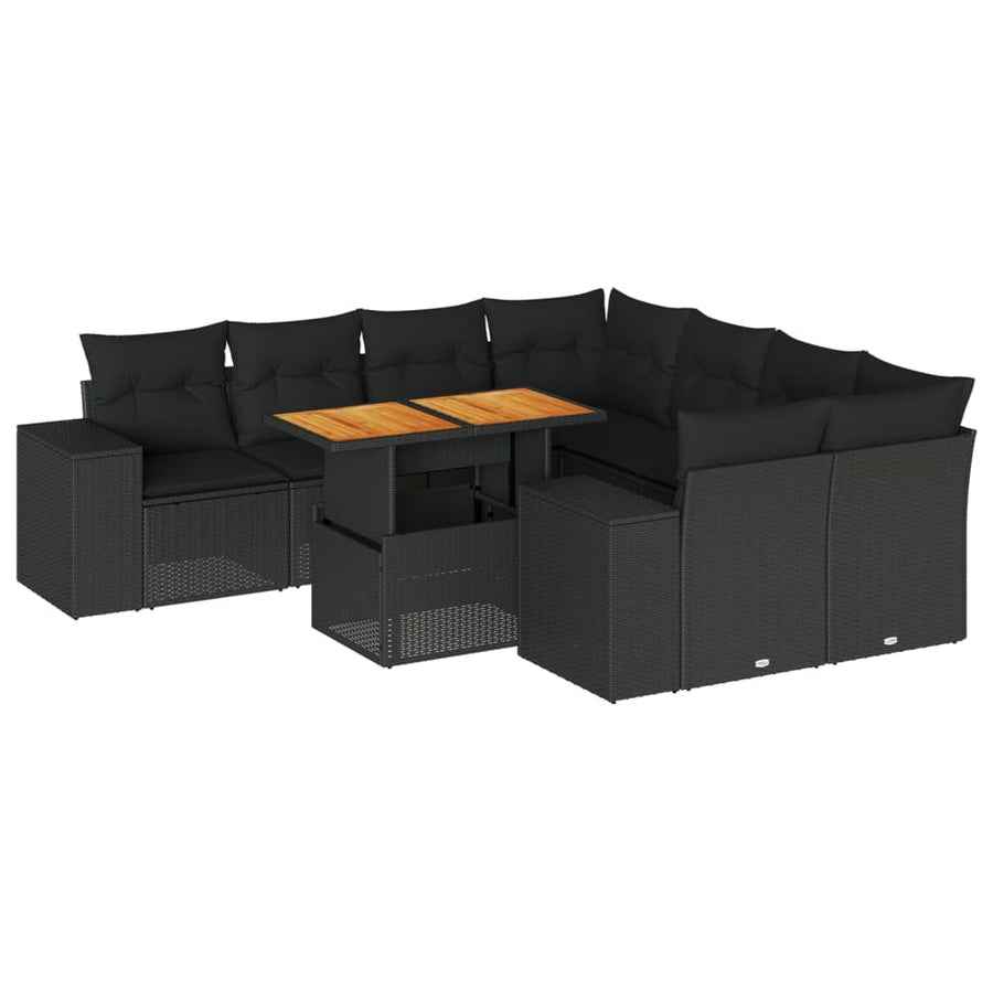 9-delige Loungeset met kussens poly rattan zwart