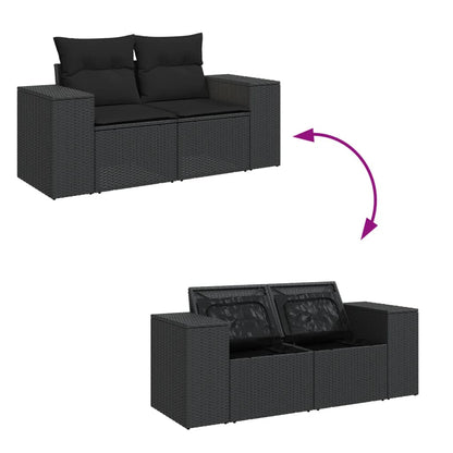 9-delige Loungeset met kussens poly rattan zwart