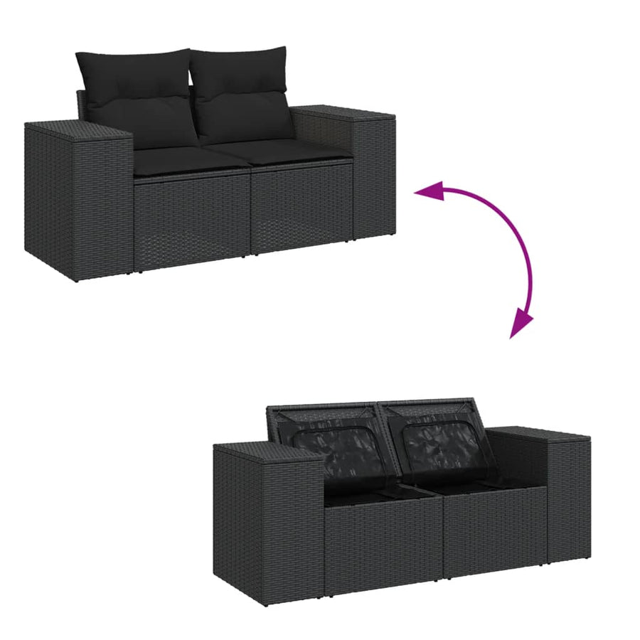 9-delige Loungeset met kussens poly rattan zwart