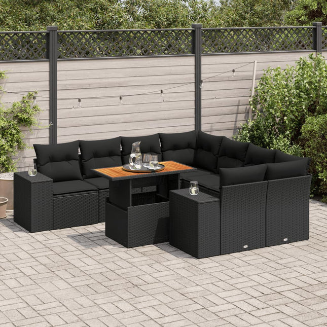 9-delige Loungeset met kussens poly rattan zwart