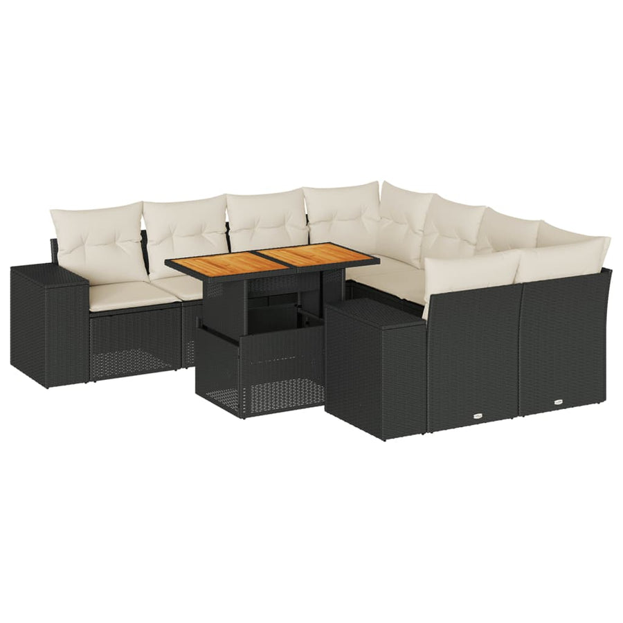 9-delige Loungeset met kussens poly rattan zwart
