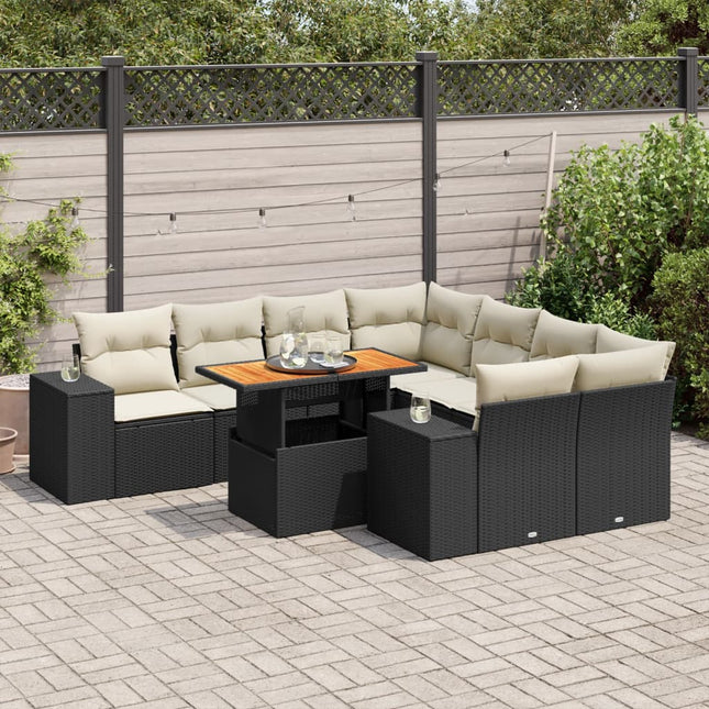 9-delige Loungeset met kussens poly rattan zwart