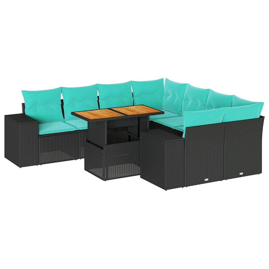 9-delige Loungeset met kussens poly rattan zwart