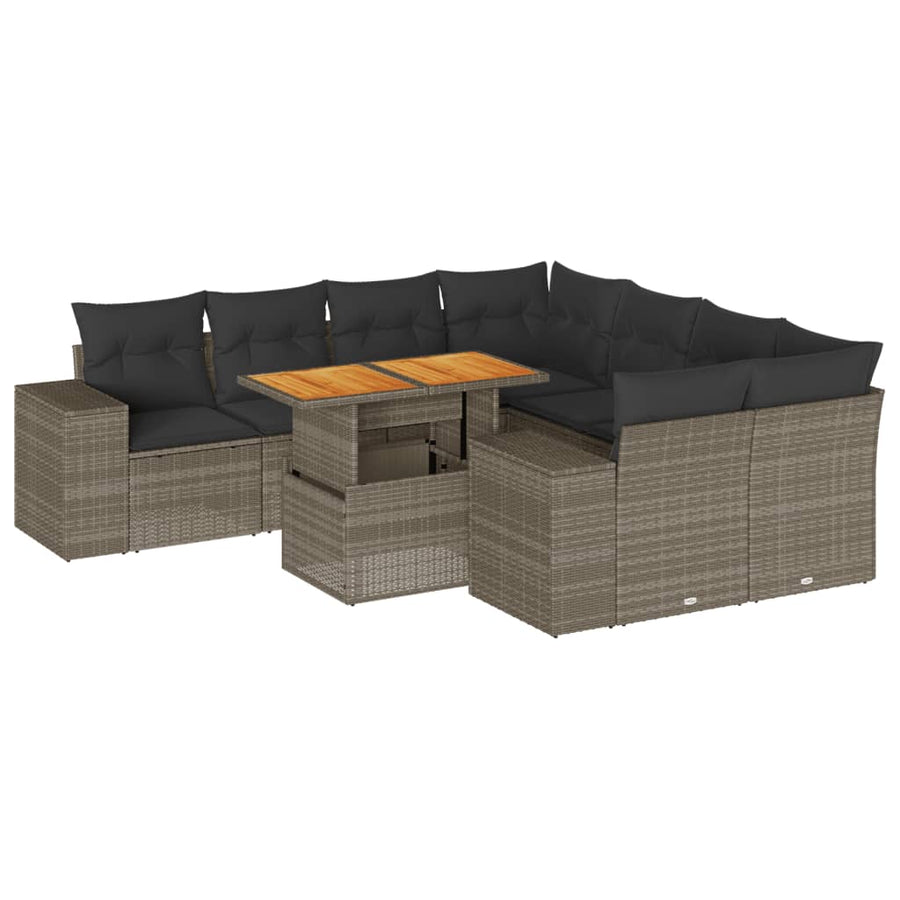 9-delige Loungeset met kussens poly rattan grijs