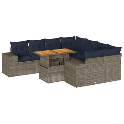 9-delige Loungeset met kussens poly rattan grijs