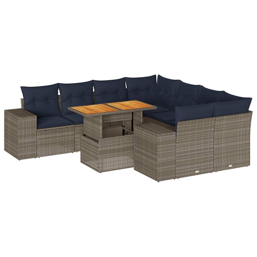 9-delige Loungeset met kussens poly rattan grijs