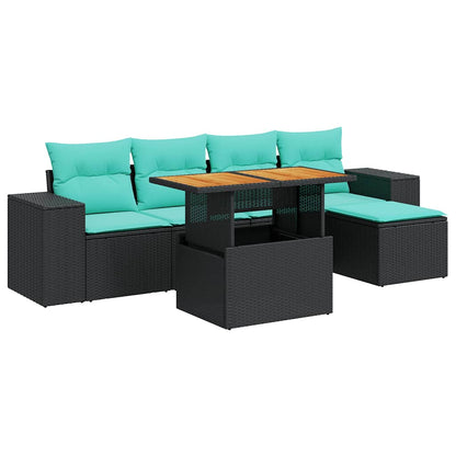 6-delige Loungeset met kussens poly rattan zwart