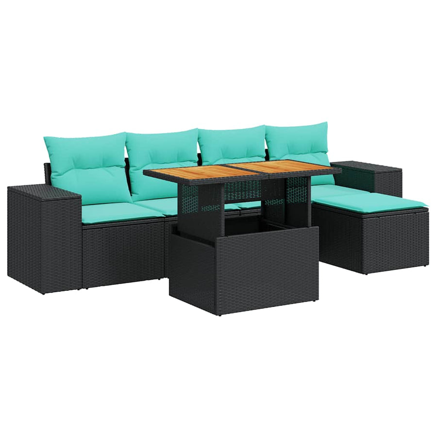 6-delige Loungeset met kussens poly rattan zwart