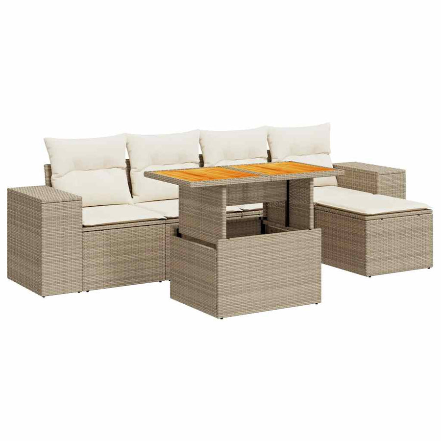 6-delige Loungeset met kussens poly rattan beige
