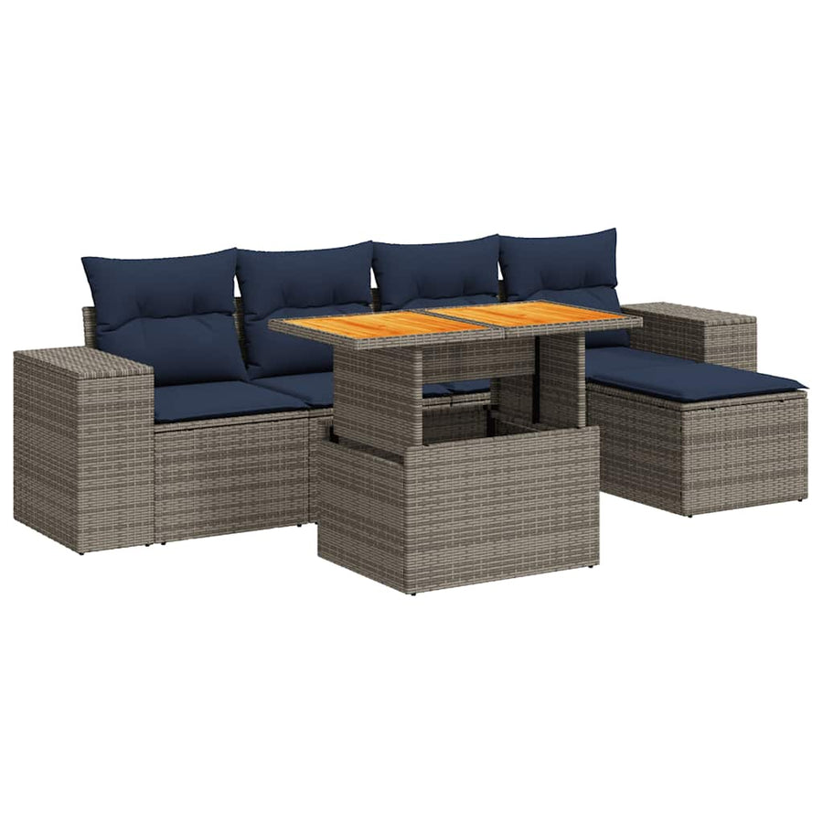 6-delige Loungeset met kussens poly rattan grijs