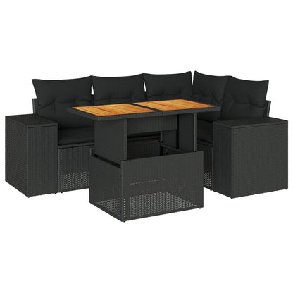 5-delige Loungeset met kussens poly rattan zwart