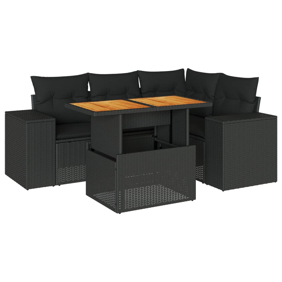 5-delige Loungeset met kussens poly rattan zwart