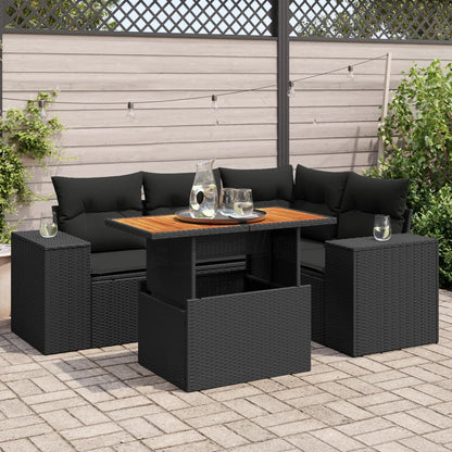 5-delige Loungeset met kussens poly rattan zwart