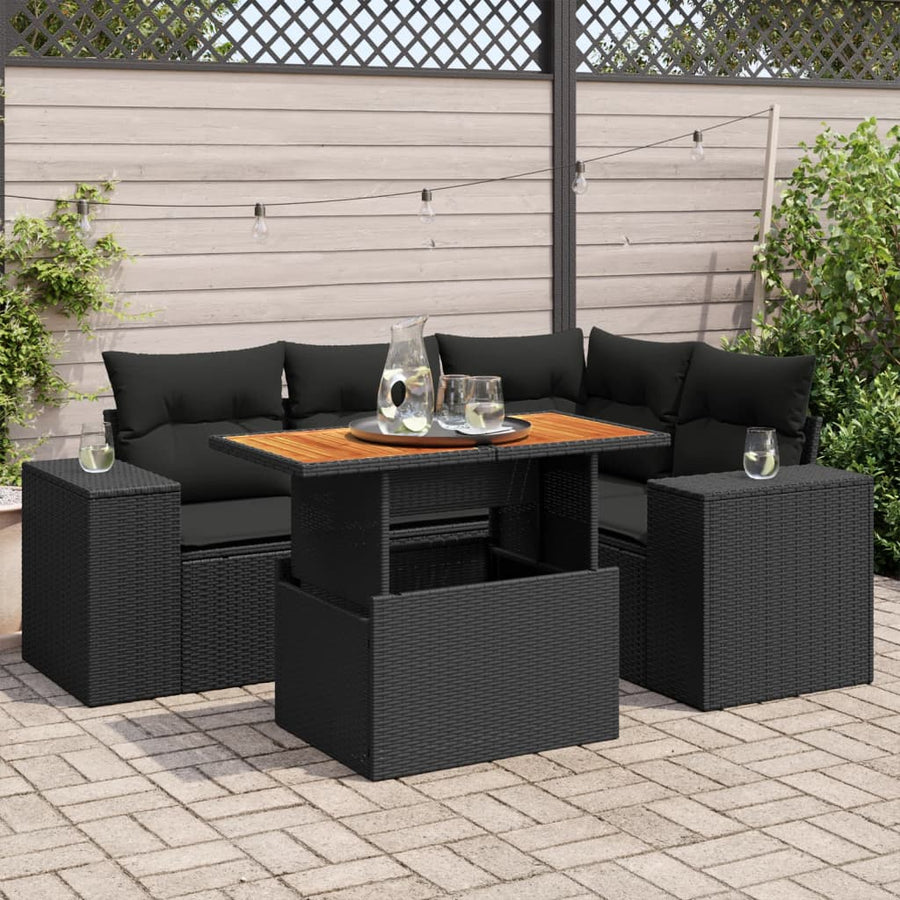 5-delige Loungeset met kussens poly rattan zwart