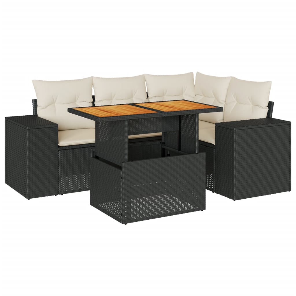 5-delige Loungeset met kussens poly rattan zwart