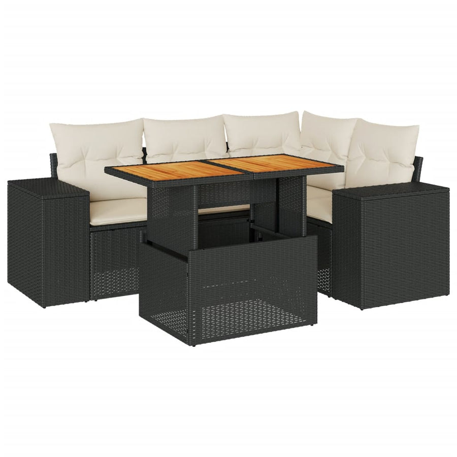 5-delige Loungeset met kussens poly rattan zwart