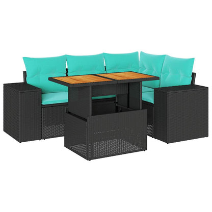 5-delige Loungeset met kussens poly rattan zwart