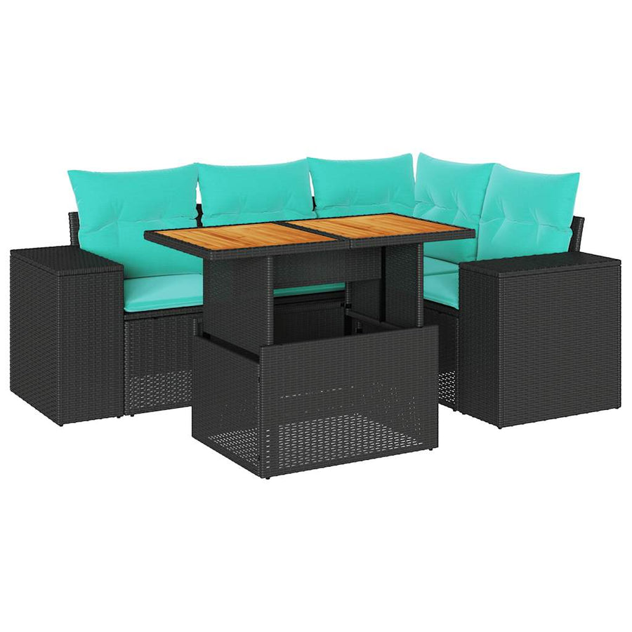 5-delige Loungeset met kussens poly rattan zwart