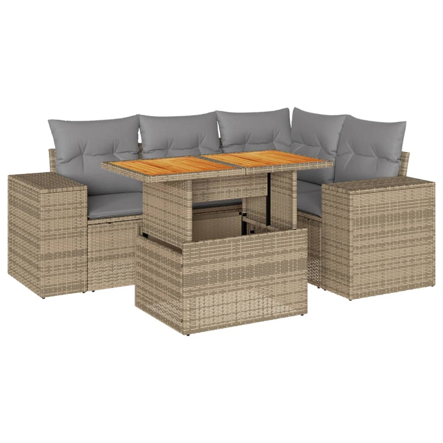 5-delige Loungeset met kussens poly rattan beige
