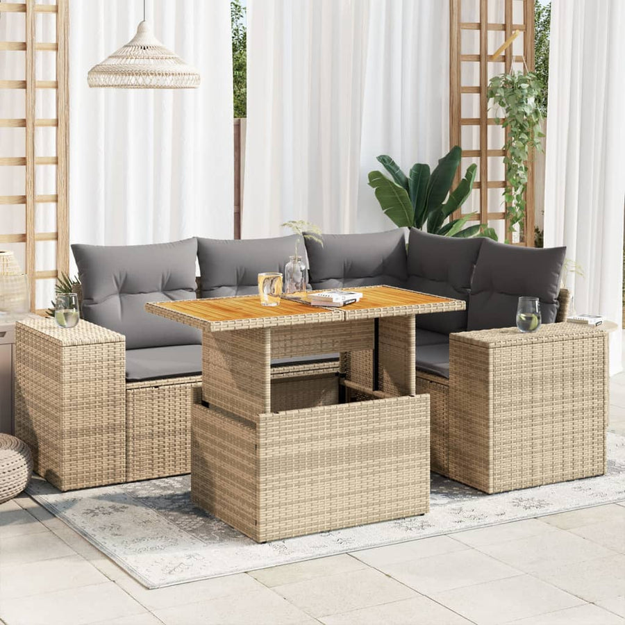 5-delige Loungeset met kussens poly rattan beige