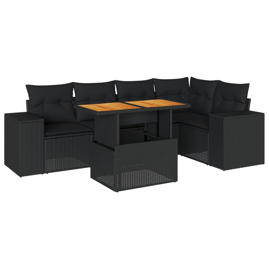 6-delige Loungeset met kussens poly rattan zwart