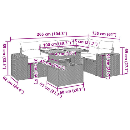 6-delige Loungeset met kussens poly rattan zwart