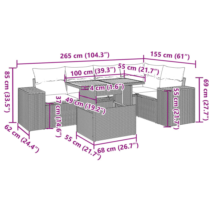 6-delige Loungeset met kussens poly rattan zwart
