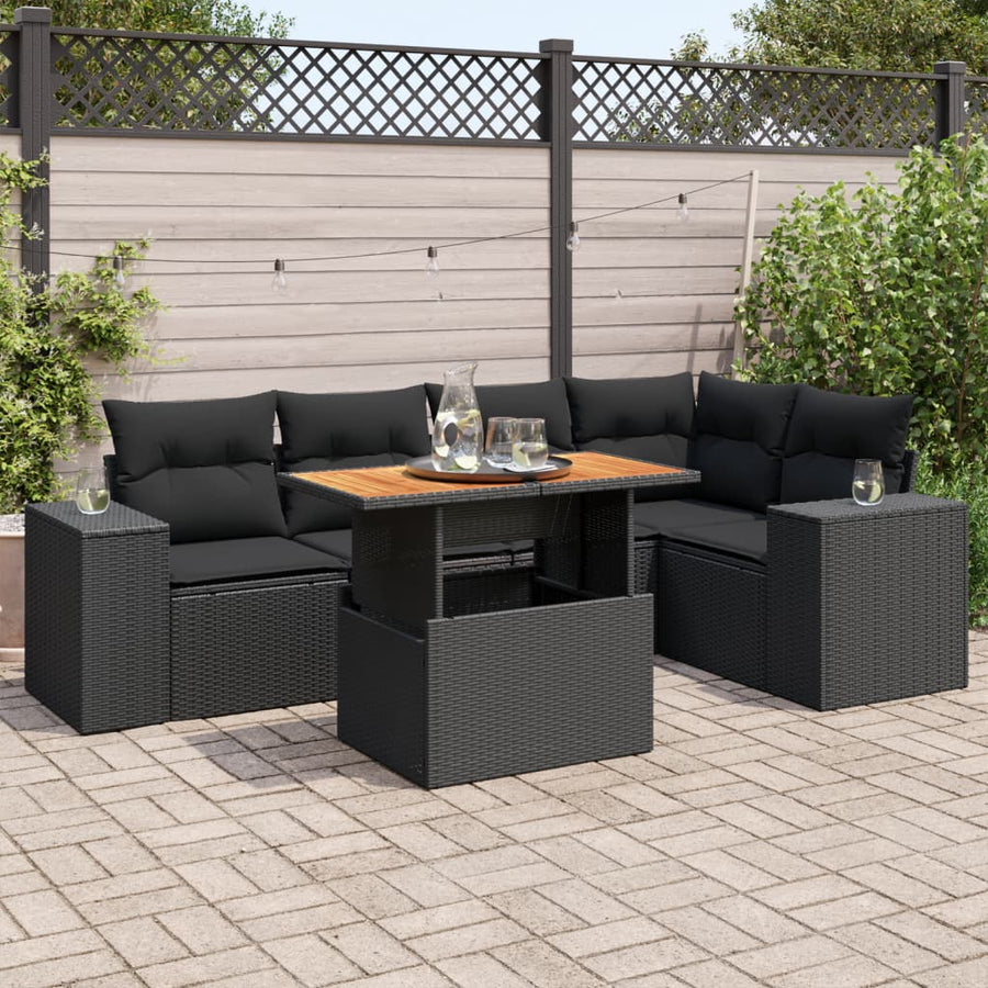 6-delige Loungeset met kussens poly rattan zwart